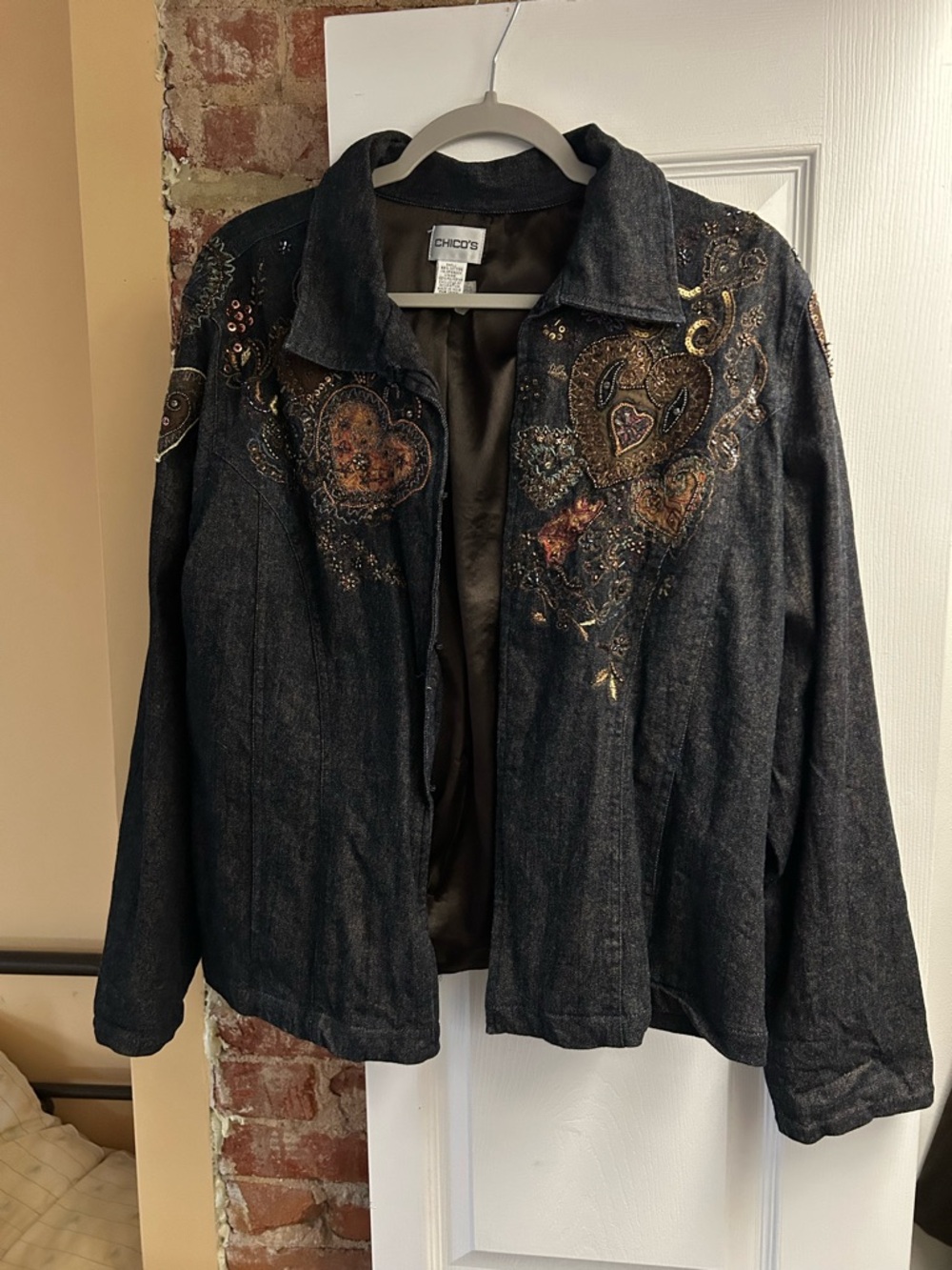 Chico's Dark Denim Jacket with Metallic Heart Embellishments